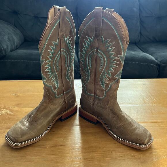 Macie Bean Women’s Cowboy Boots 7M Brown Turquoise Stitch Square Toe Western - Picture 3 of 9